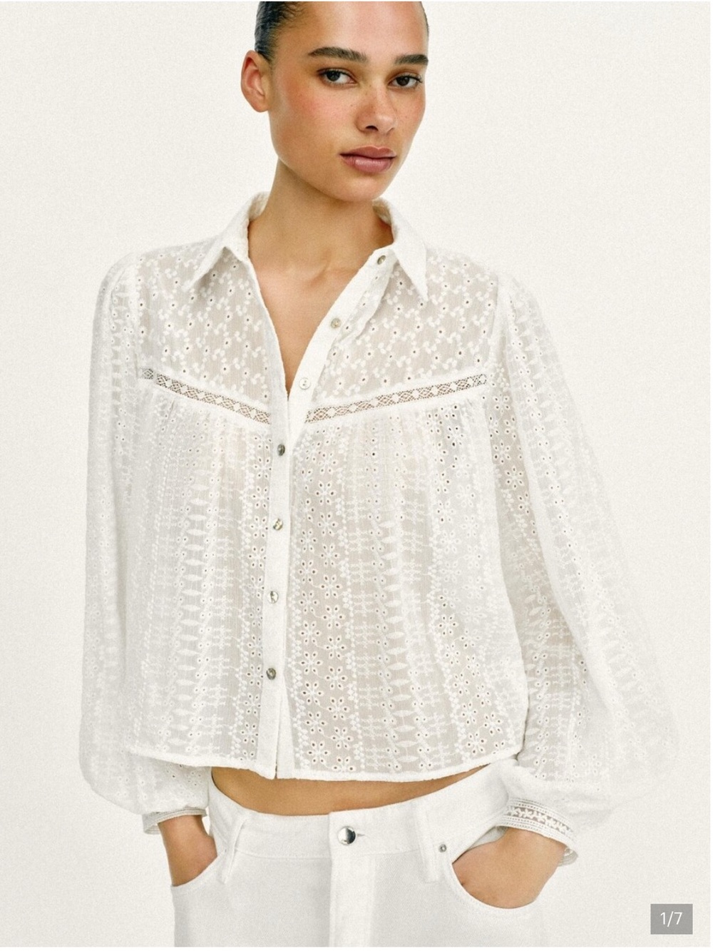 Zara White Eyelet Button-Front Blouse Size M